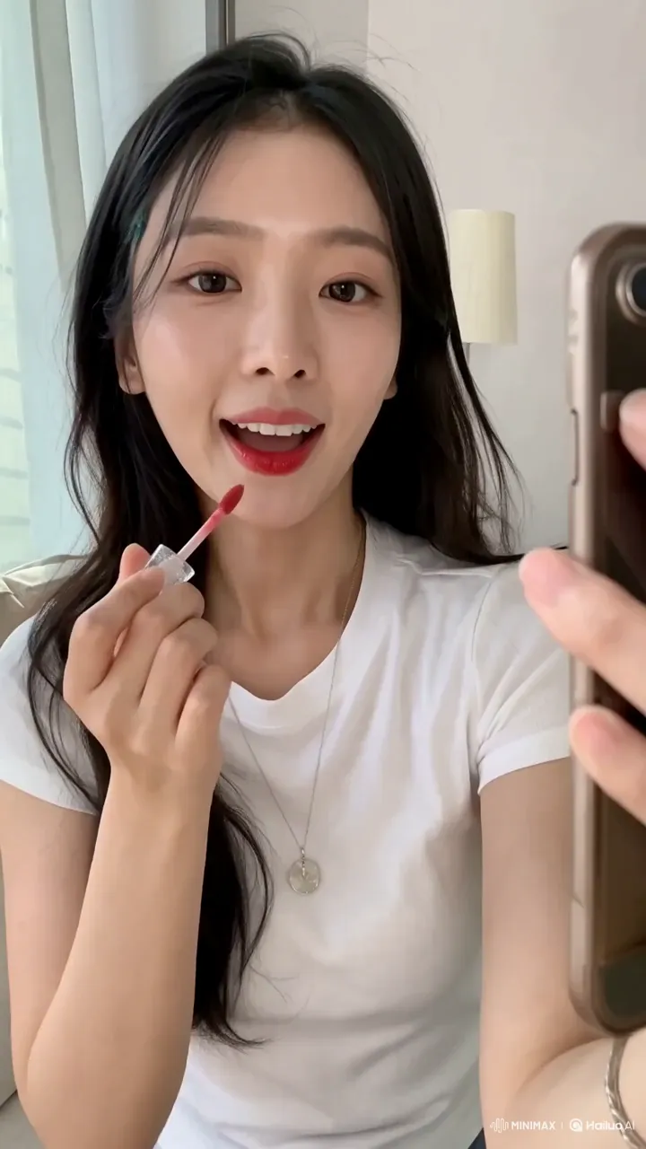 립 틴트를 바르면서 휴대폰으로 촬영 중인 크리에이터